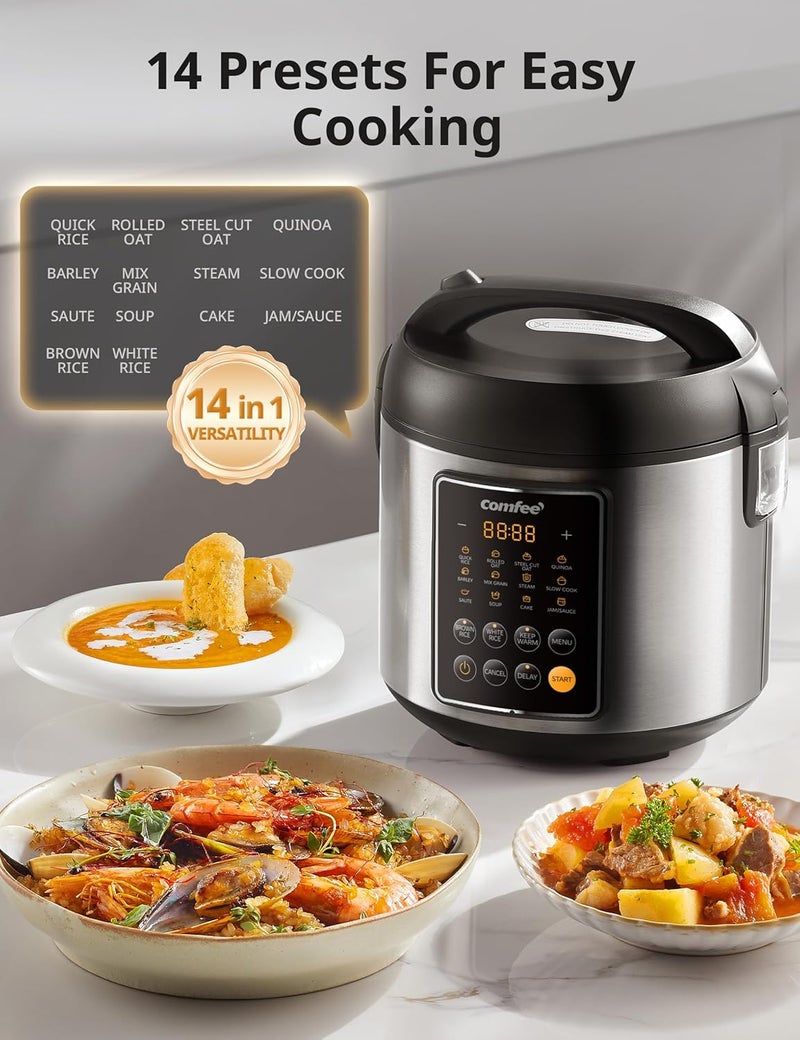 Comfee' طباخ أرز، 14 في 1 طباخ متعدد من الفولاذ المقاوم للصدأ، طباخ بطيء، بخار، قلي، وسخان، 5.3 QT، 20 كوب مطبوخ (10 أكواب غير مطبوخة)، أرز بني، كينوا ودقيق الشوفان - Image 2